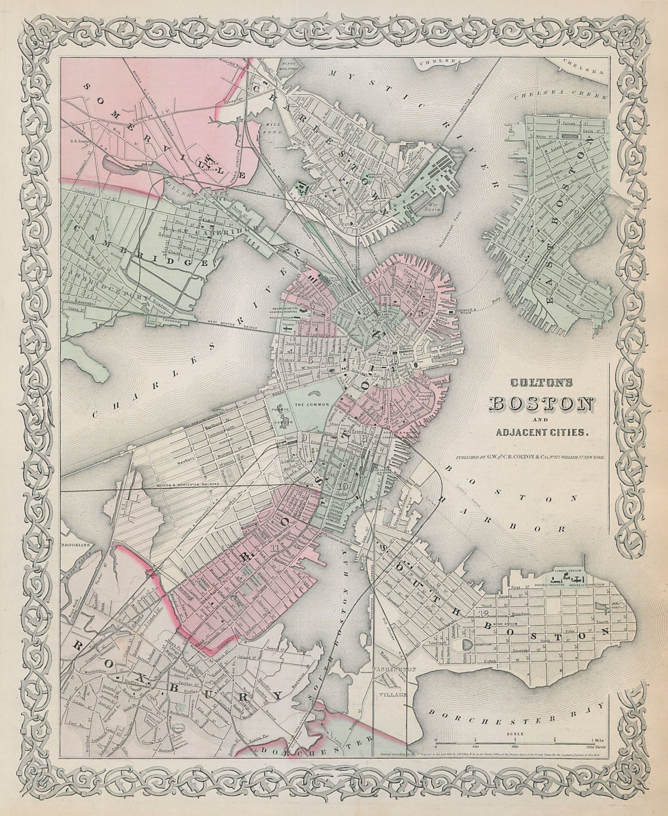 Boston and adjacent cities. Decorative antique town city plan. COLTON 1869 map